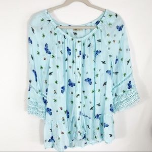 Democracy Butterfly Decorated Blue Blouse Size XL
